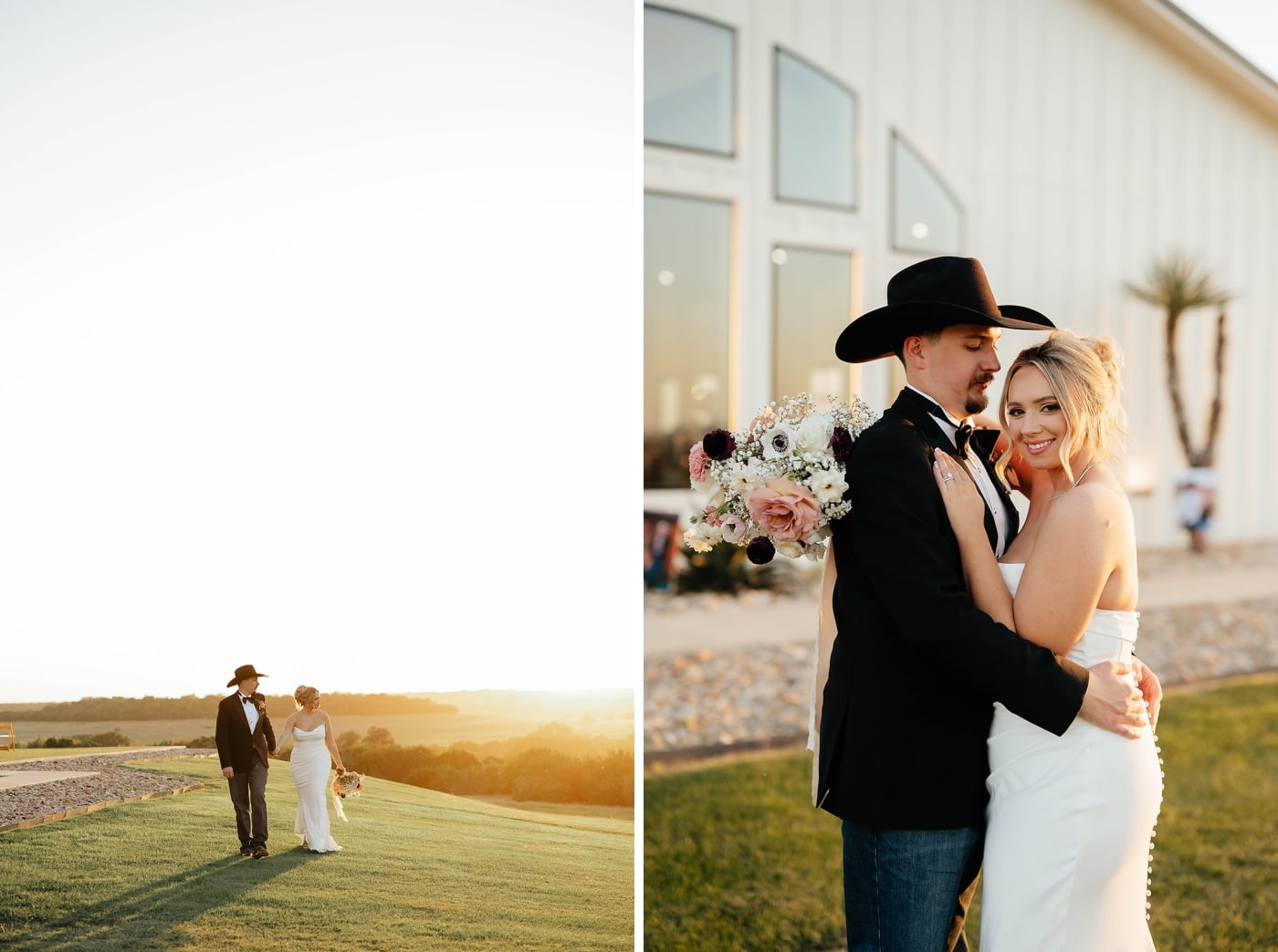Golden hour portraits of a bride and groom at a ranch wedding venue in Granbury, Texas