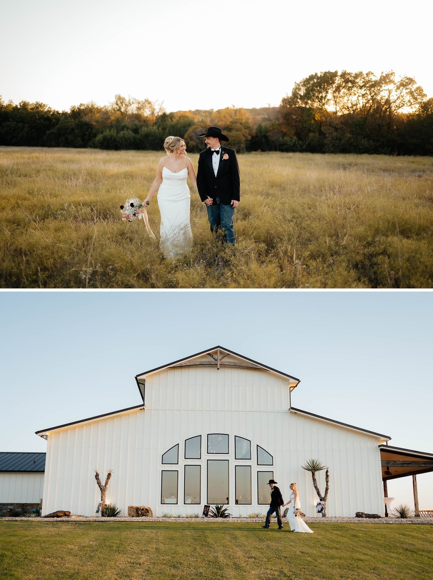 A bride and groom walking in front of the Diamond A Ranch