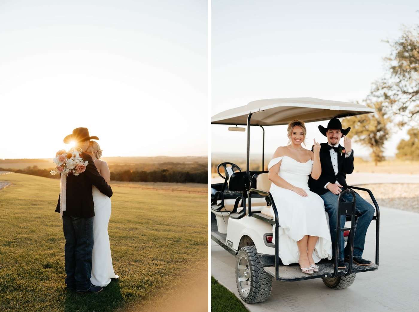 A bride and groom on a golf cart at a ranch wedding venue