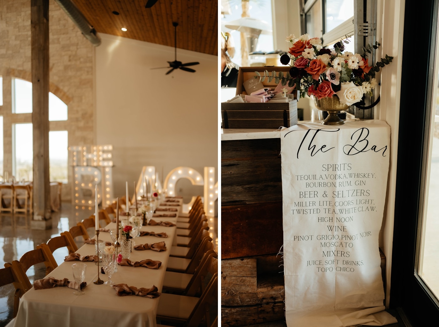 A reception with white linens and a custom bar sign at a ranch wedding venue