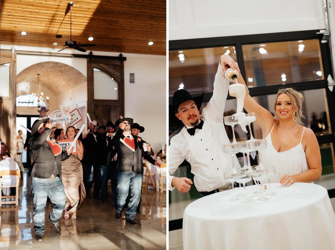 A bride and groom pour a bottle of champagne into a champagne glass tower