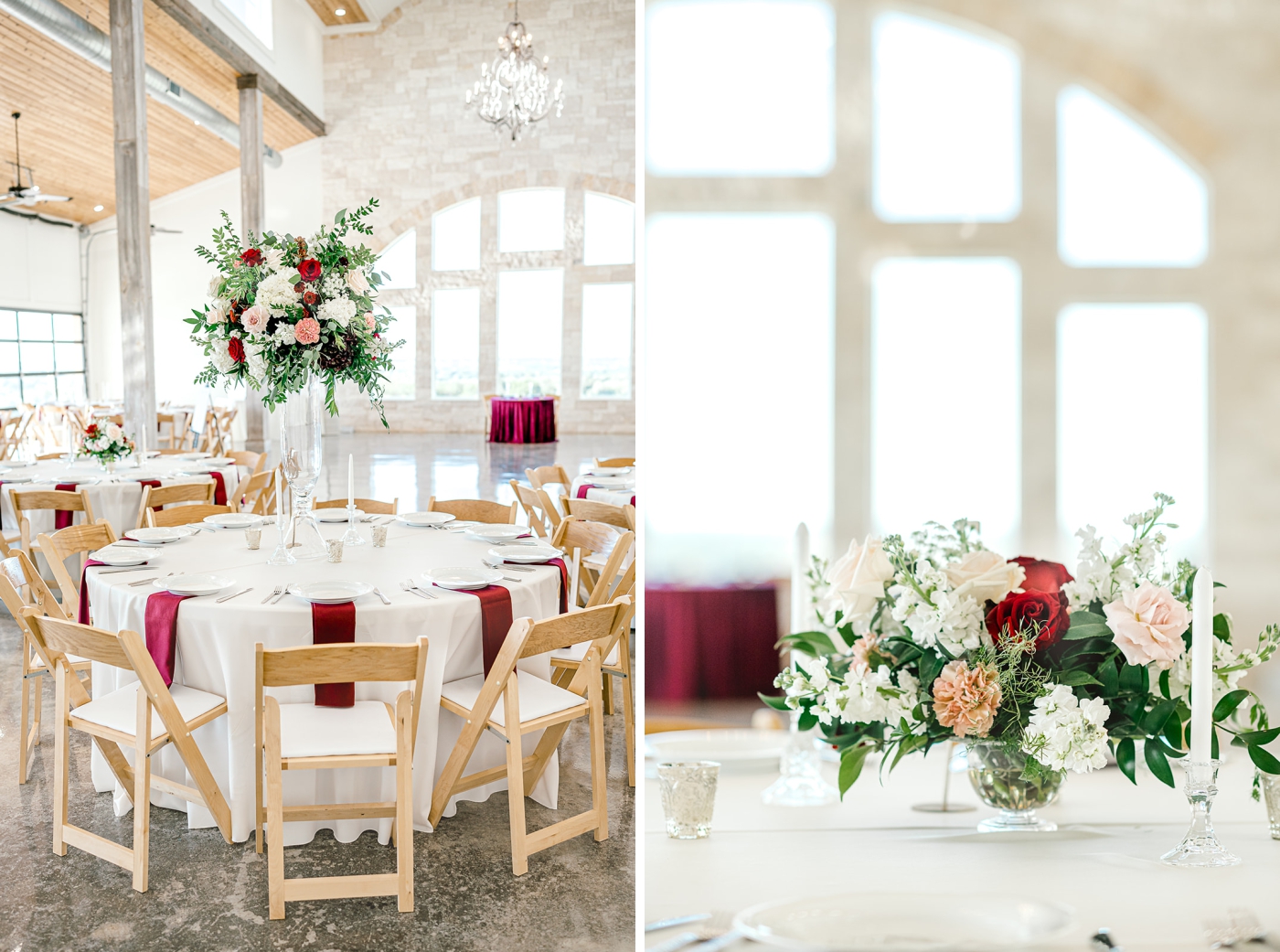 A naturally lit wedding reception with lush floral centerpieces on white tables with wine colored linen napkins