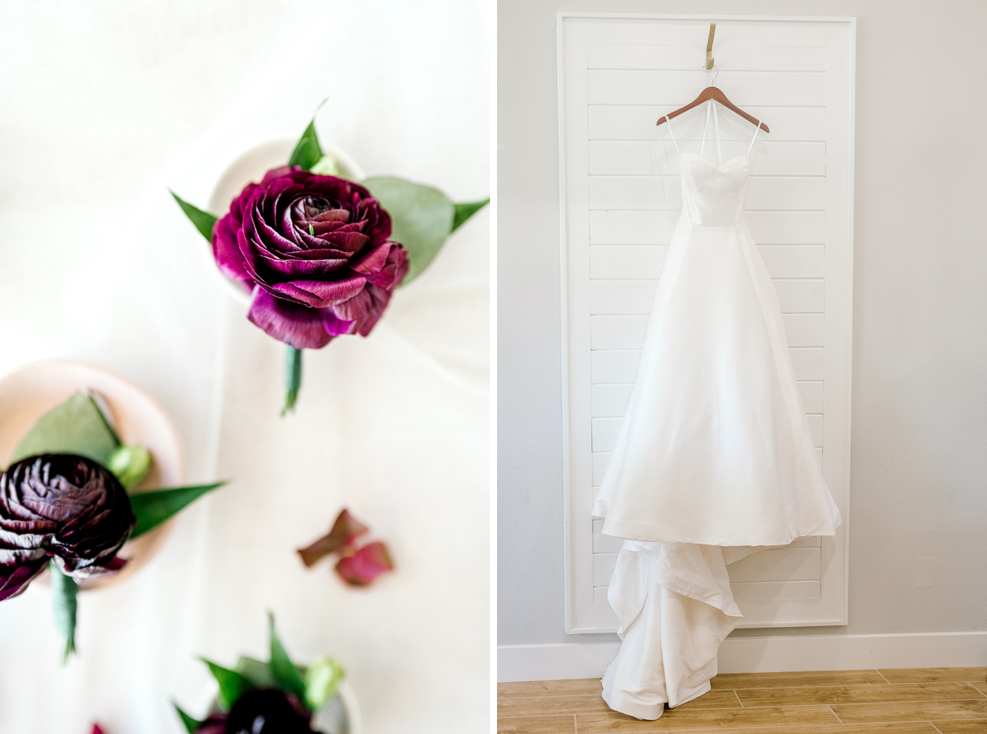 A wedding dress hangs on a wooden hanger inside the bridal suite at the Diamond A Ranch in Weatherford, Texas