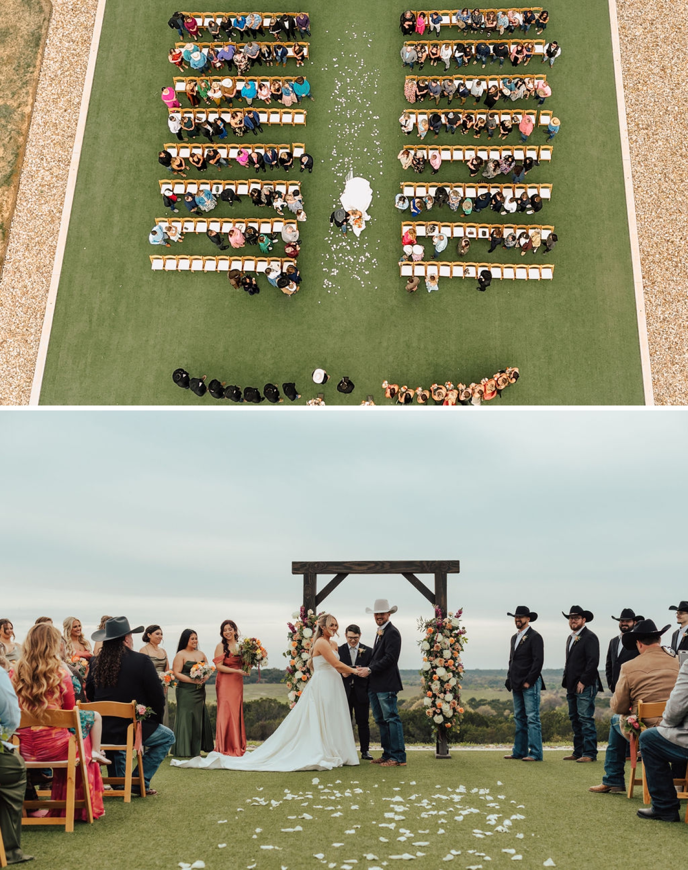An overhead drone image of a bride walking down the aisle on the turf at the Diamond A Ranch wedding venue