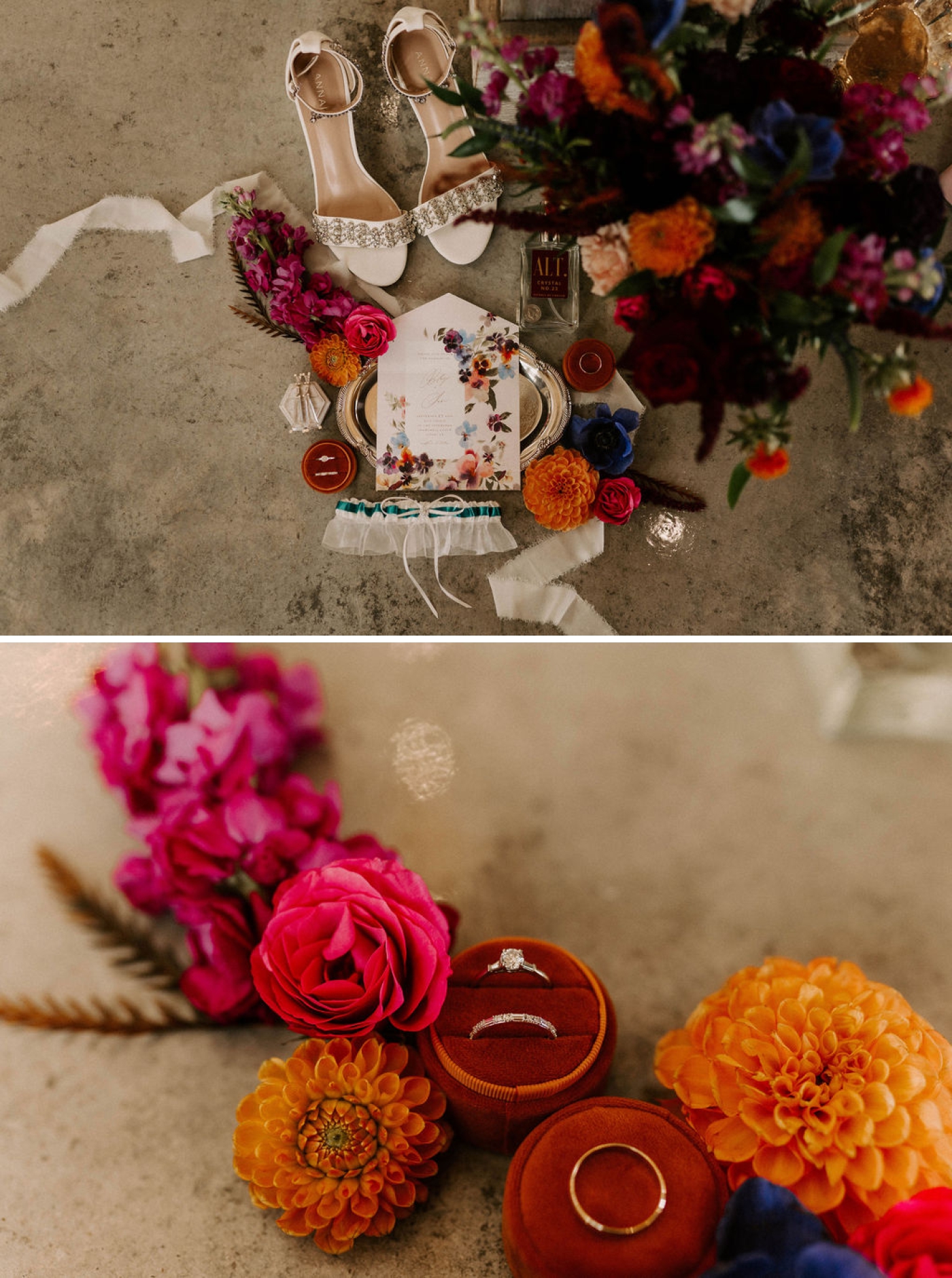 A flatlay of wedding shoes, rings, invitations, and a teal garter