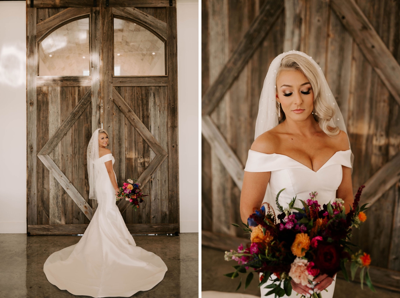 A bride in an off-the-shoulder, mermaid-style wedding dress stnads in front of a large wooden door at a Dallas weding venye