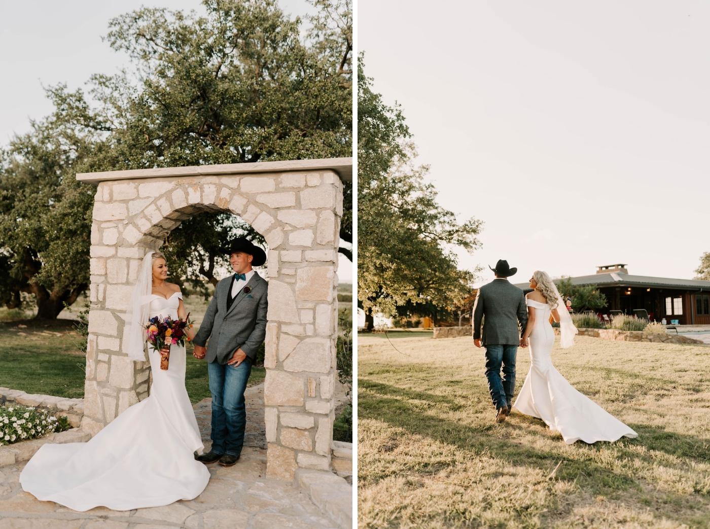 A bride and groom lean against a stone arch at a Dallas wedding venue, the Diamond A Ranch