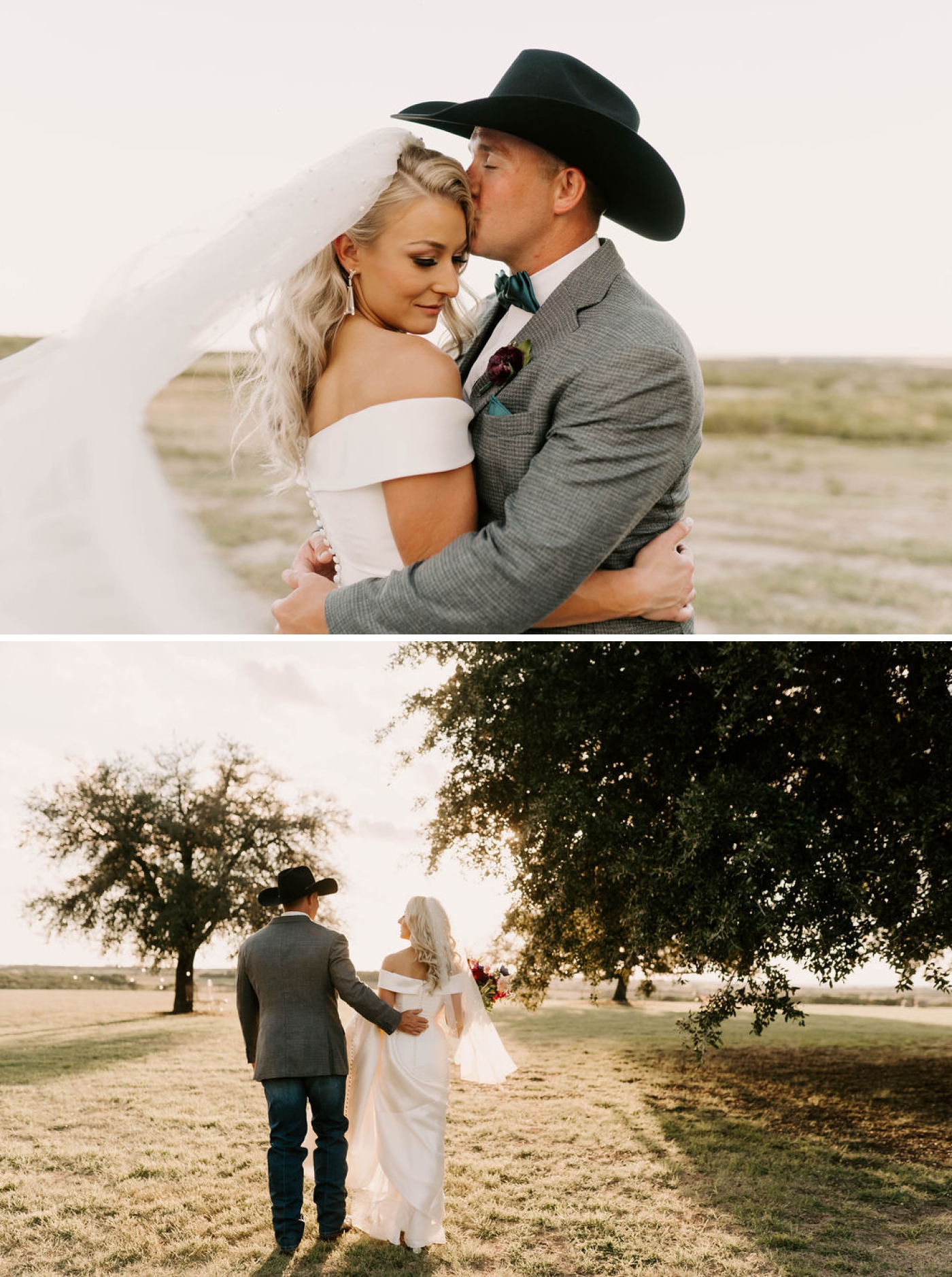 A groom in a gray jacket and black cowboy hat kisses the bride on the forhead while her veil sways in the wind 