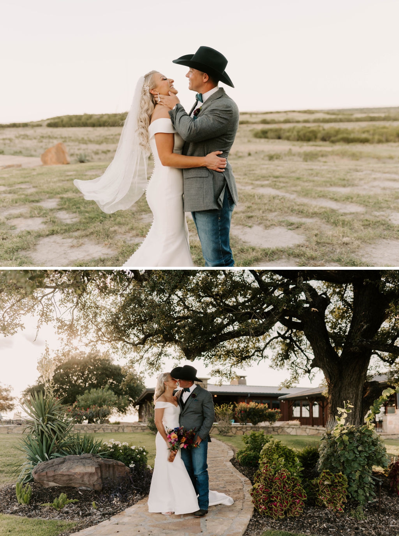 A bride and groom kiss beneath an oak tree at a Dallas wedding venue