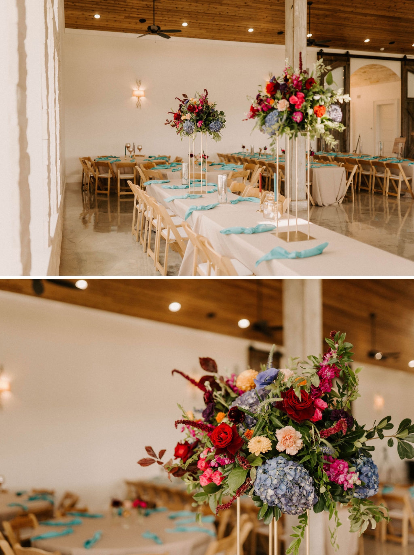 A wedding reception at a Dallas wedding venue with teal linen napkins and oversized, colorful floral arrangemenets