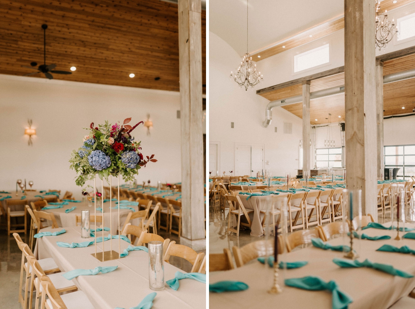 Family style tables set for a wedding reception with elevated centerpieces with pink, blue and red flowers