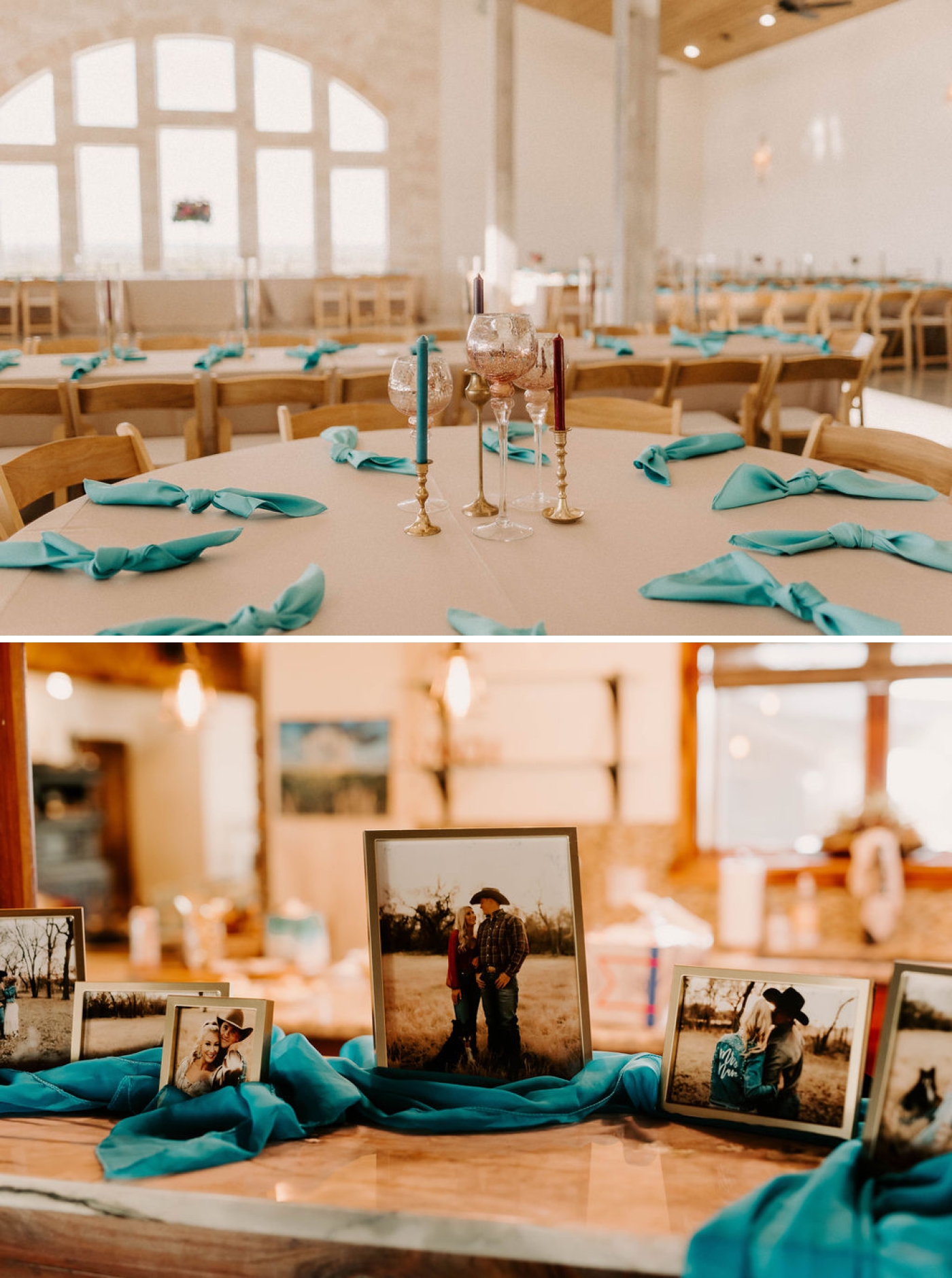 A display table with photographs of a couple at a wedding reception at a Dallas wedding venue
