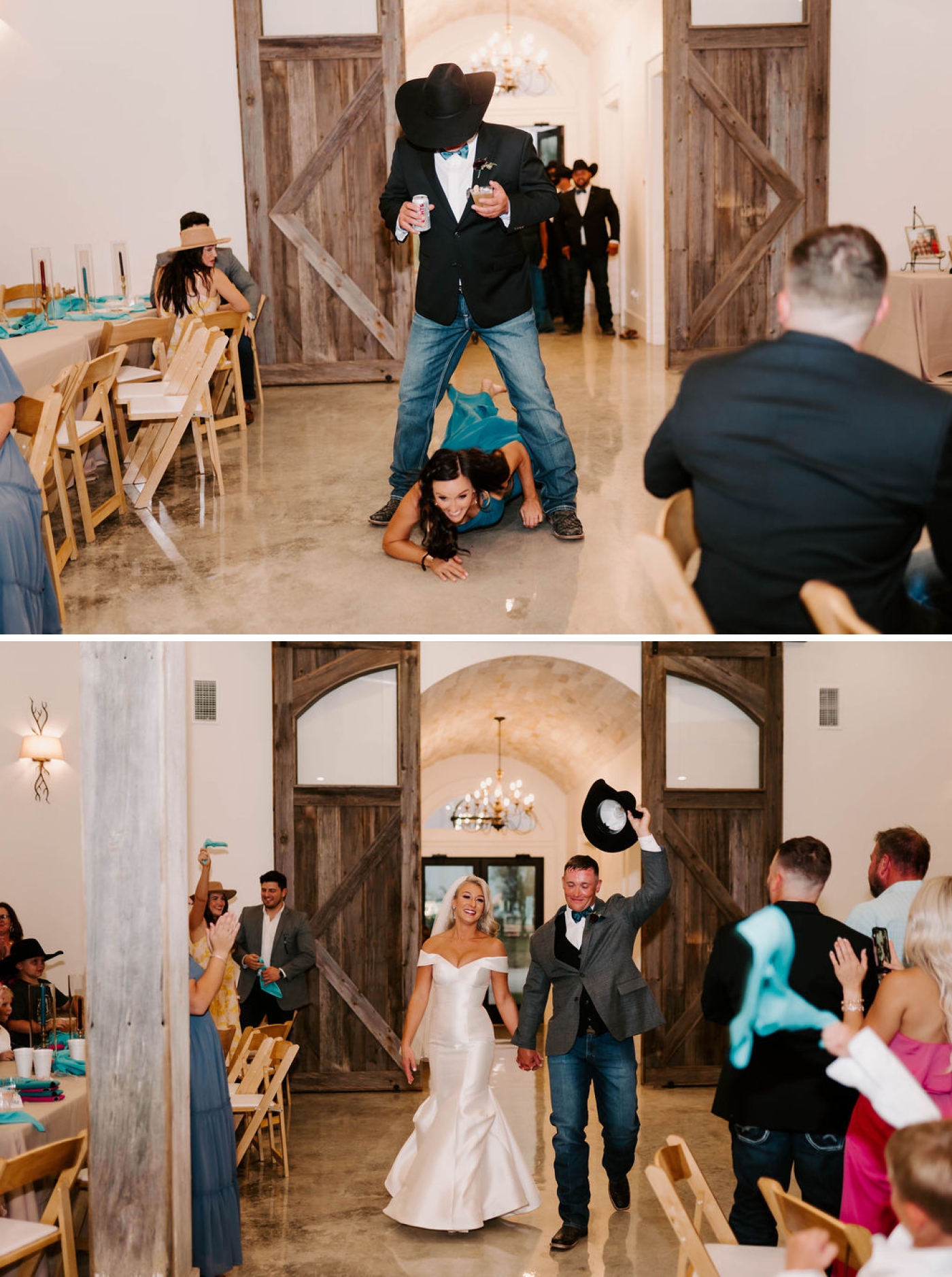 A bride and groom entering their wedding reception at a Dallas wedding venue