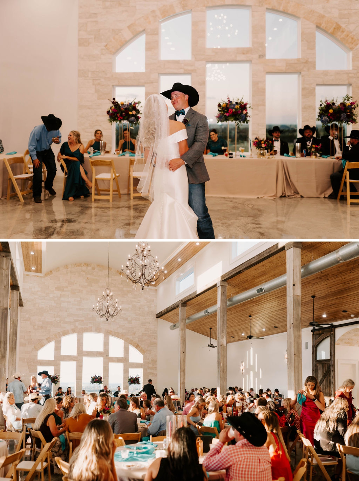 A bride and groom share thier first dance in front of the cathedral windows at the Diamond A Ranch