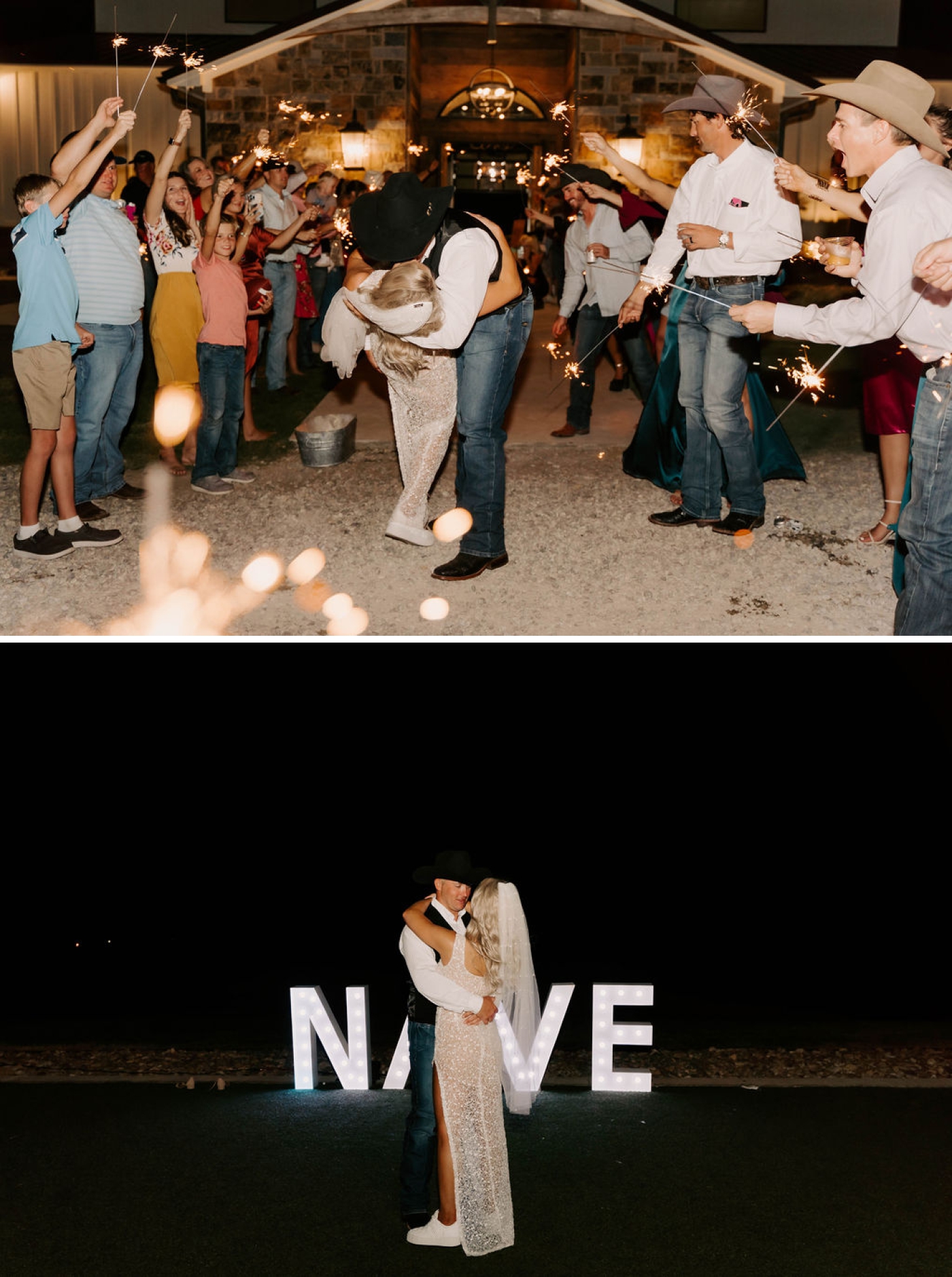 A groom dips the bride while their friends hold lit sparklers around them 