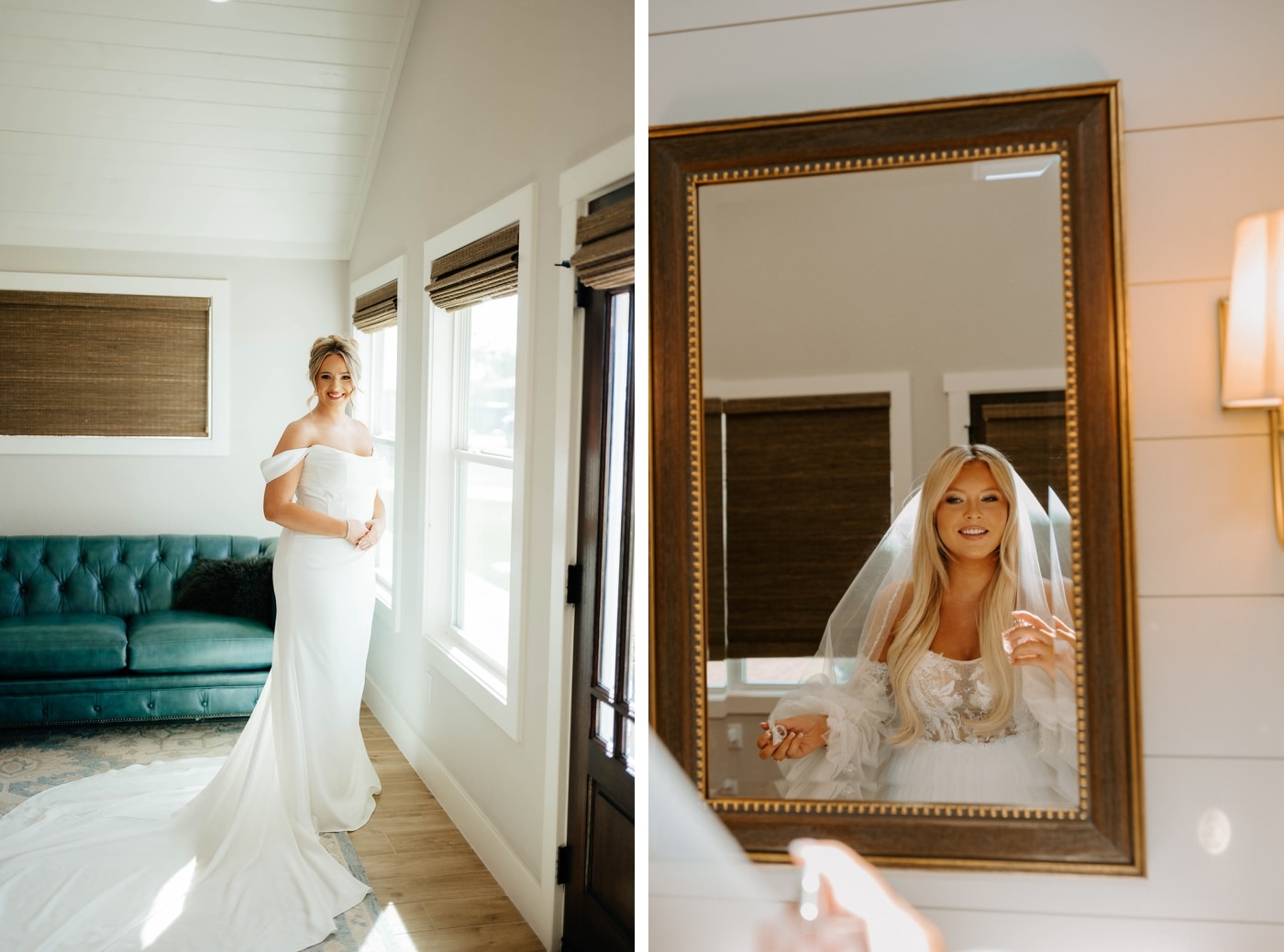 A bride in an off-the-shoulder gown stands in front of a window in the Bridal Casita at the Diamond A Ranch