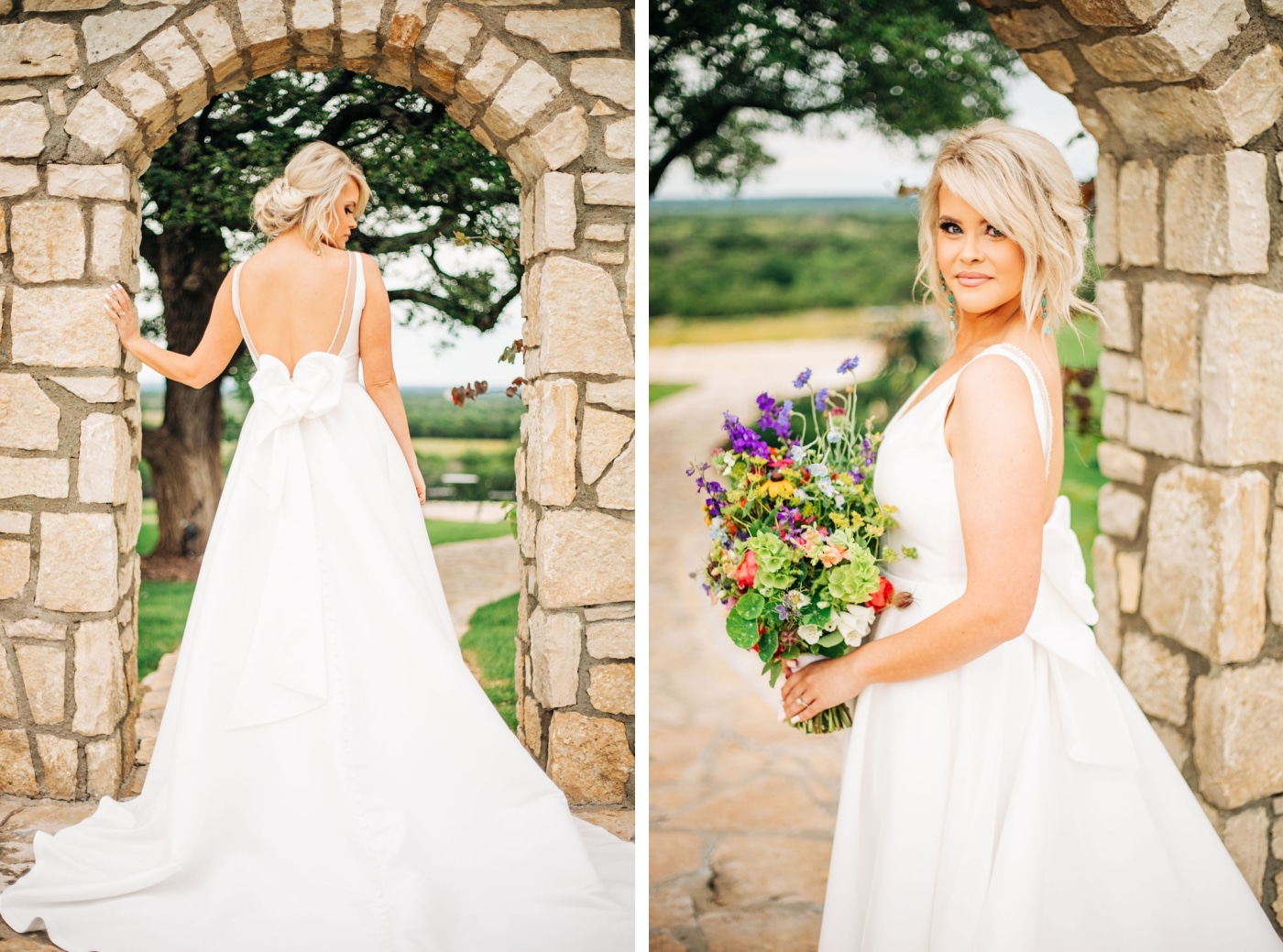 A bride stands in a portrait spot on a stone patio with an archway