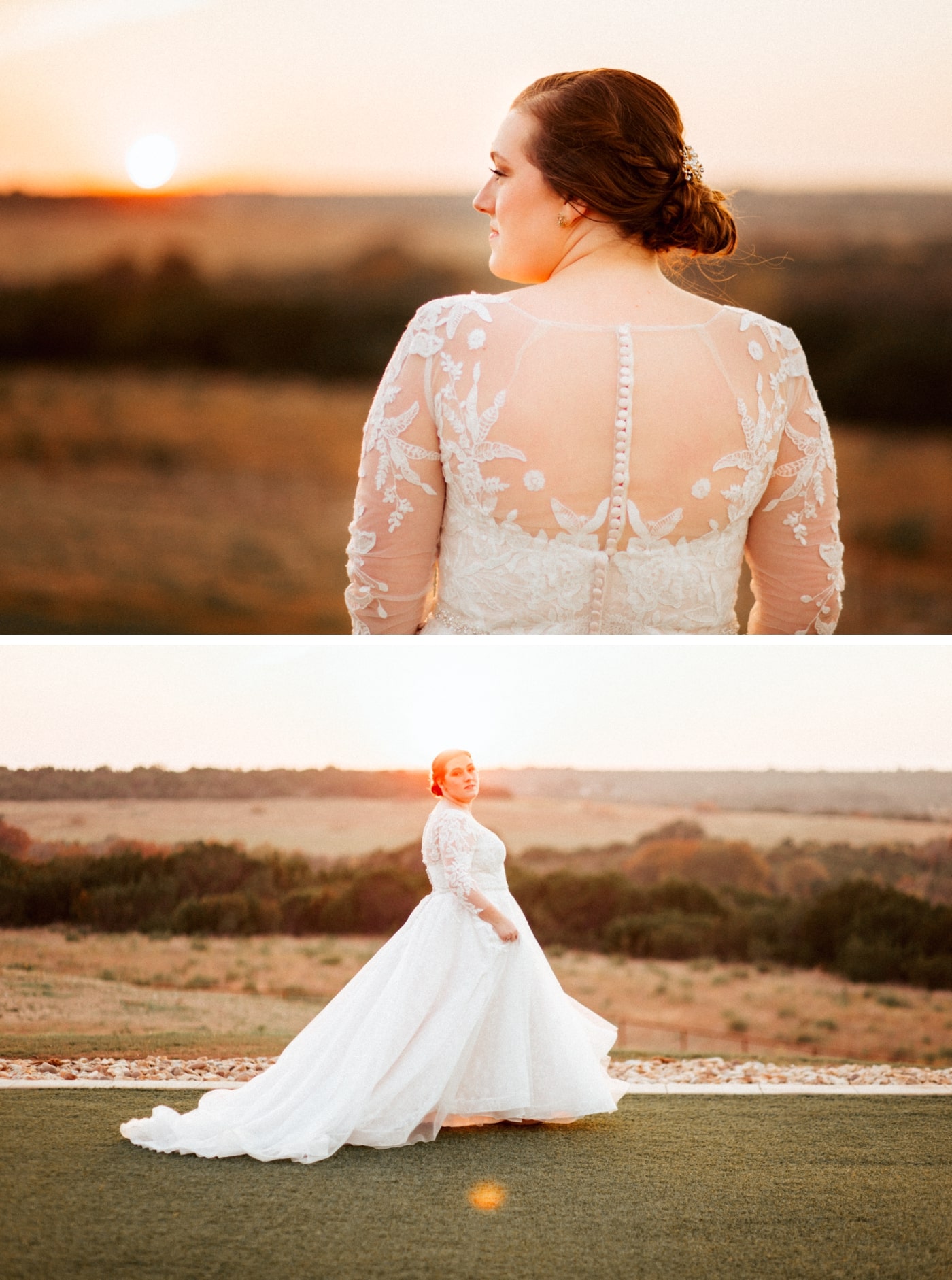 A bride stands on a turf overlooking the hill country during sunset