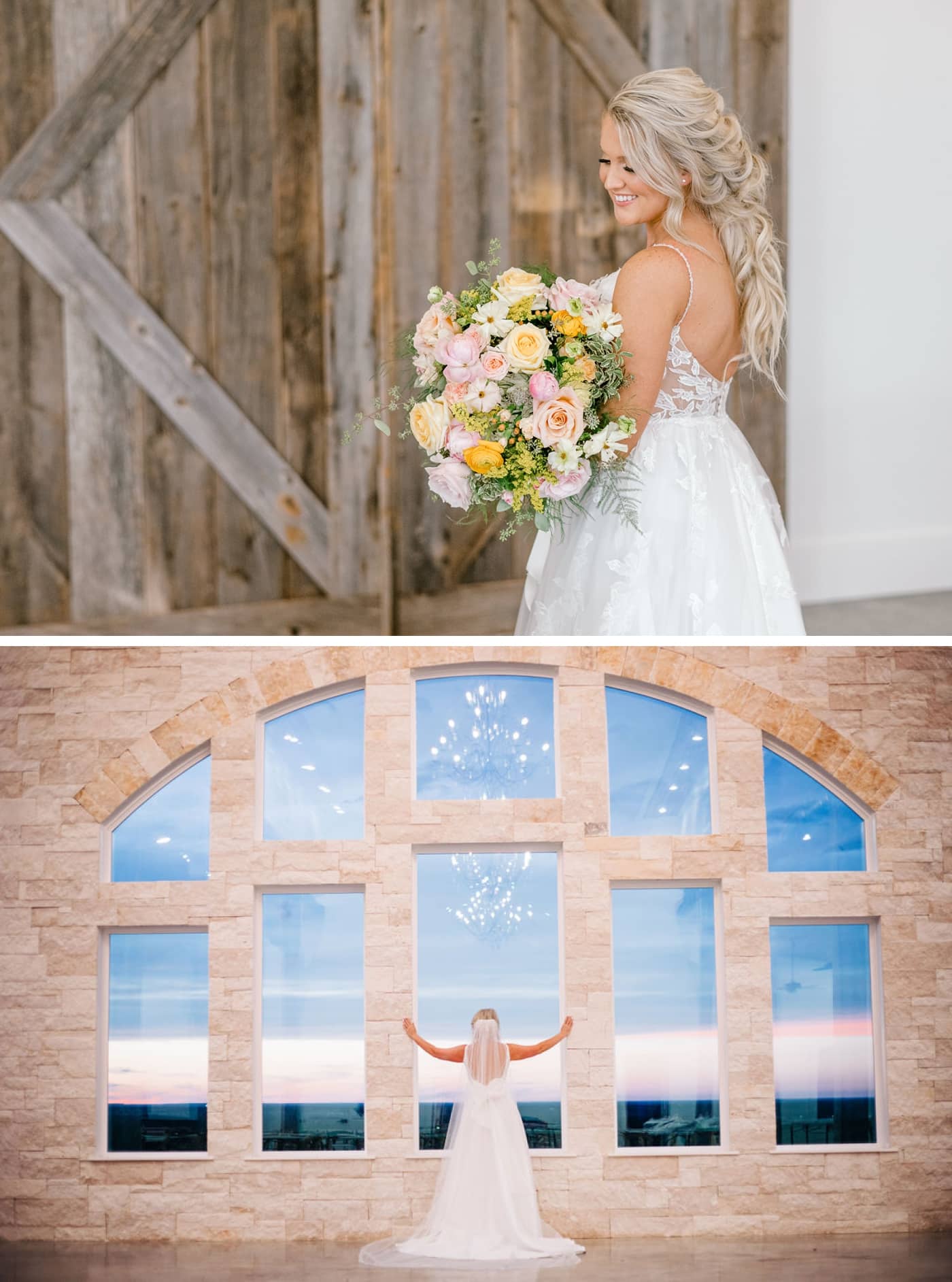 A bride stands in front of the cathedral windows in the Homestead Saloon