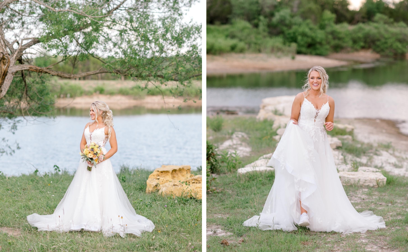 Bridal portraits in front of the blue lake in Granbury, Texas