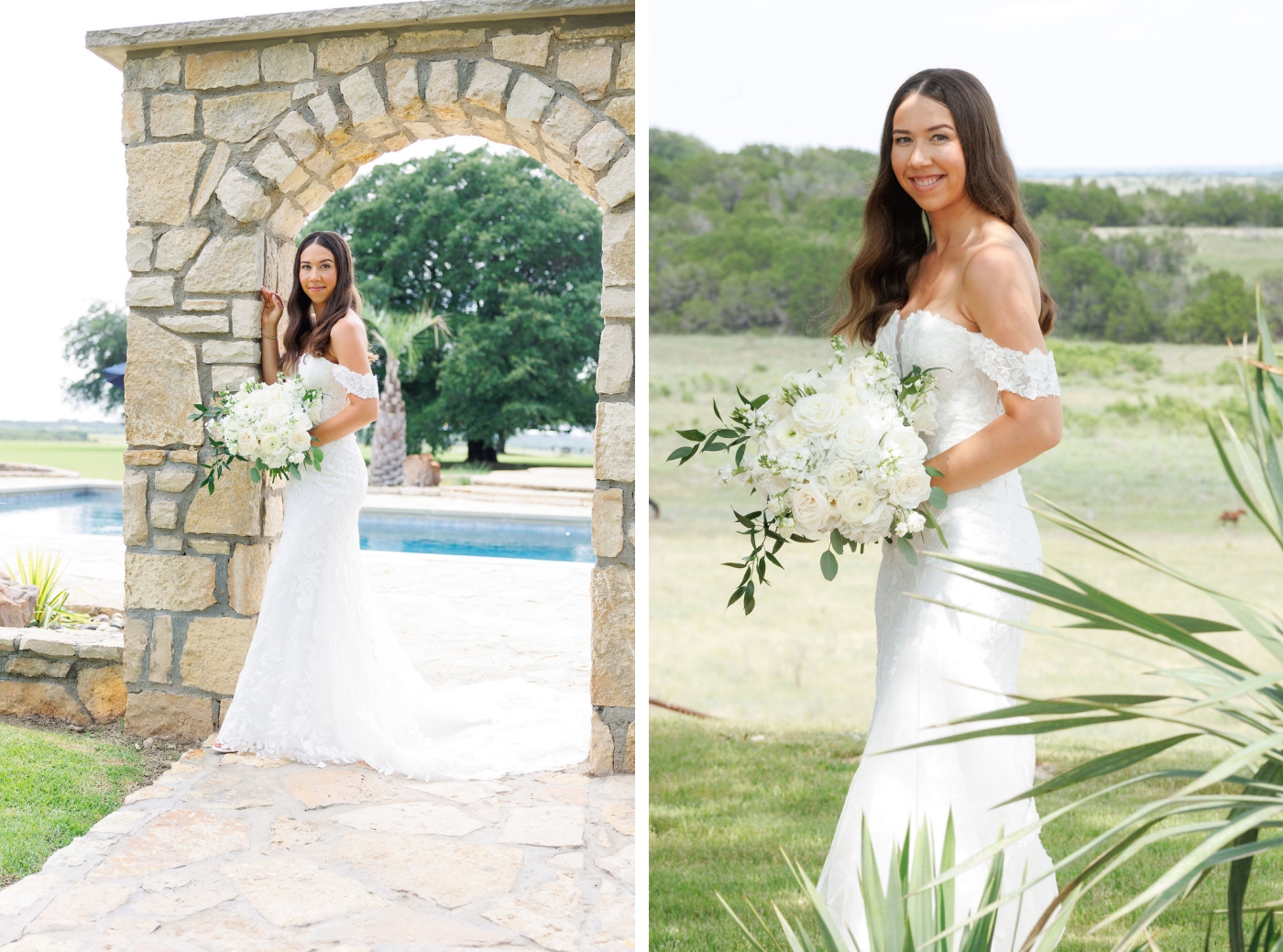 A bride stands in front of an inground pool surrounded by a stone patio