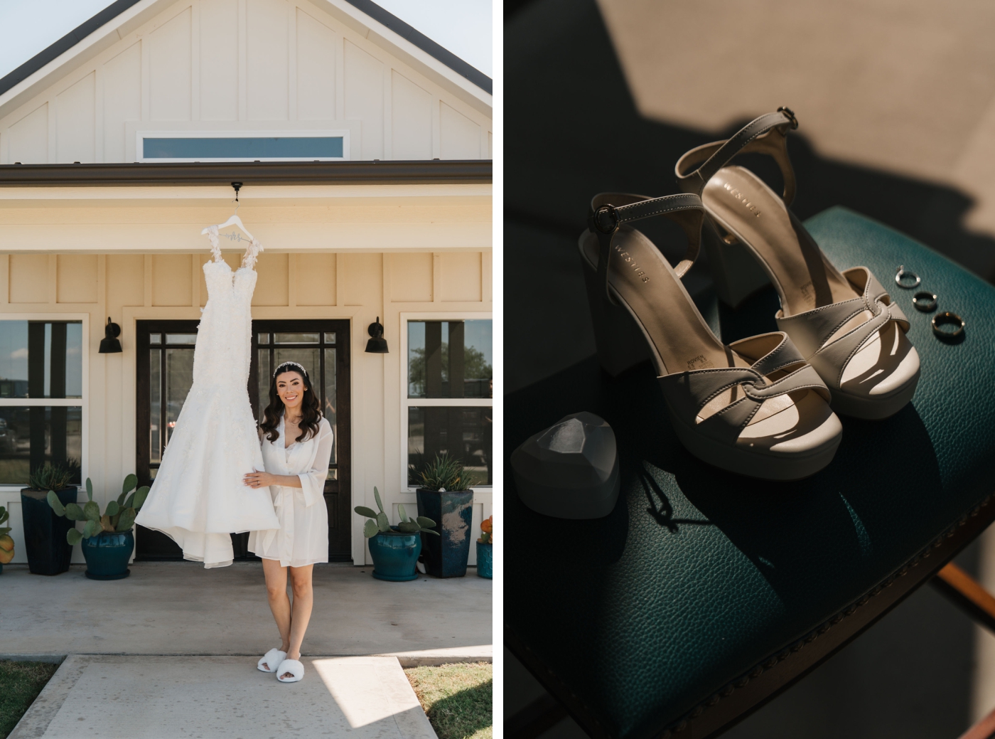 A close up of platform sandals and wedding jewelry