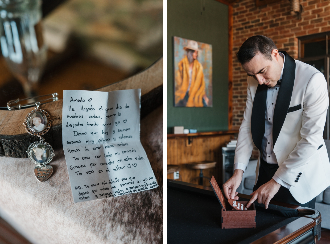 A groom opens a note and gift from the bride before thier wedding ceremony at a destgination wedding venue