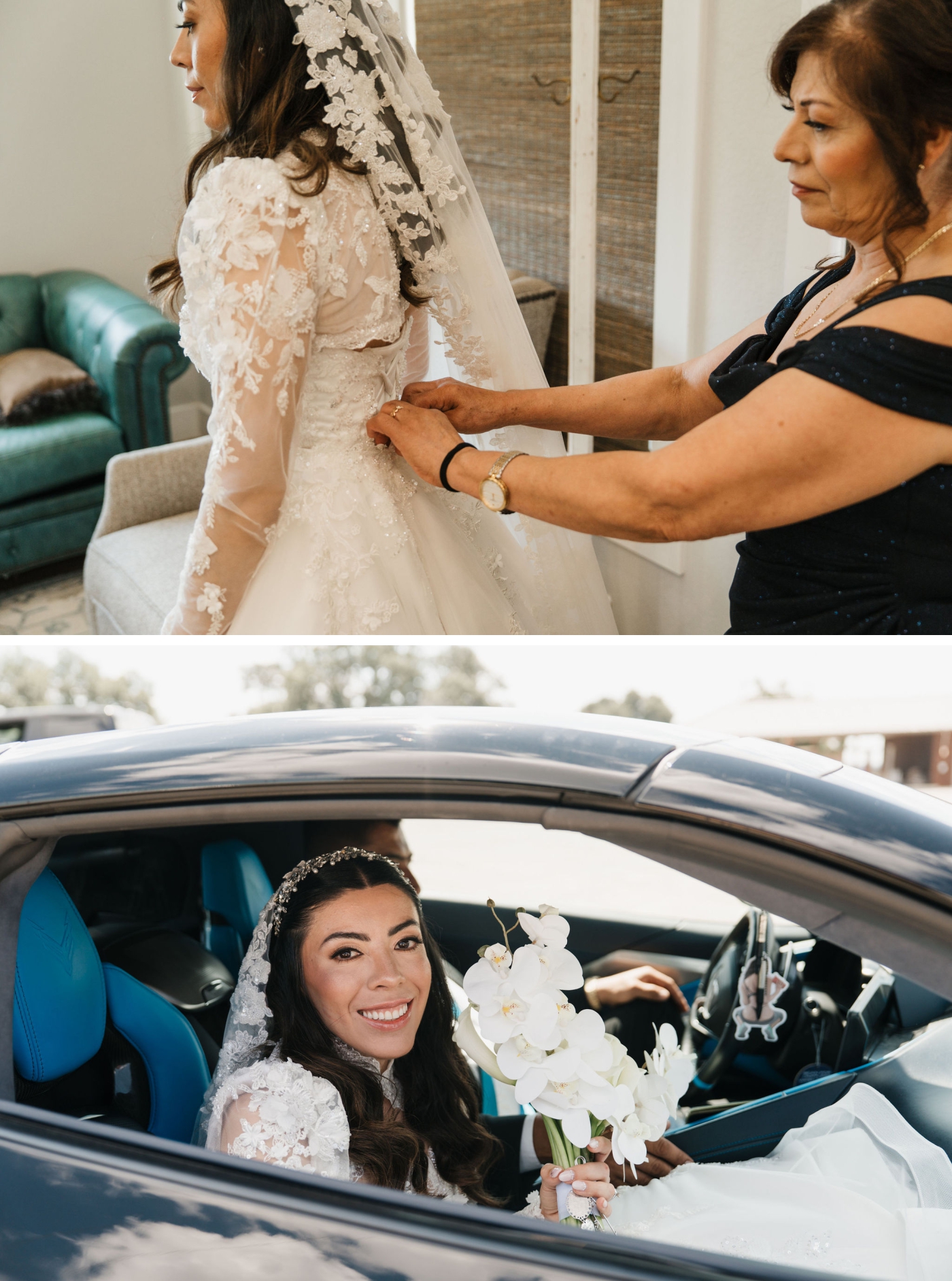 The mother of the bride buttons the bride's dress