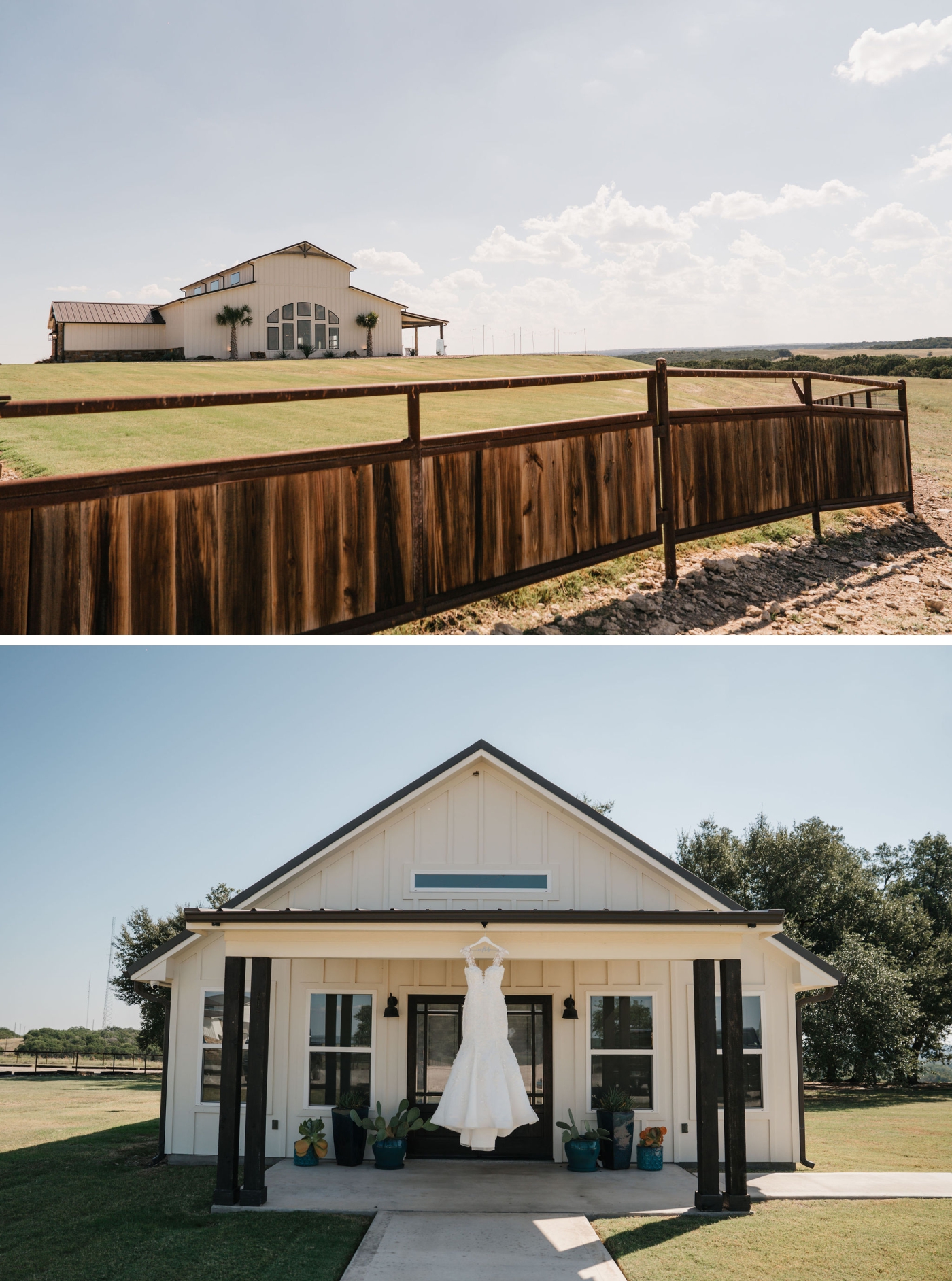 A wedding dress hangs from an overhang in front of the Bridal Casita, the getting ready suite at the Diamond A Ranch