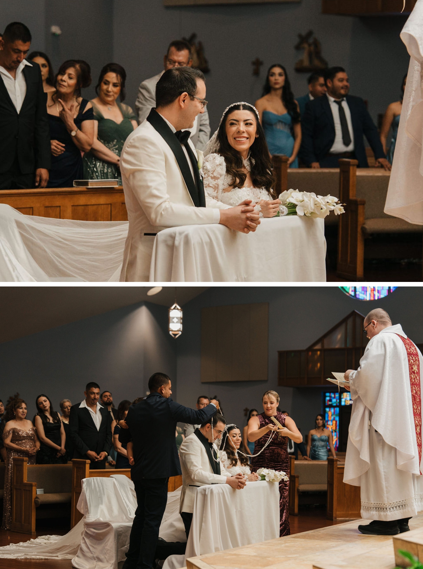 A bride and groom kneel at the altar during their Catholic wedding ceremony in Granbury, Texas 