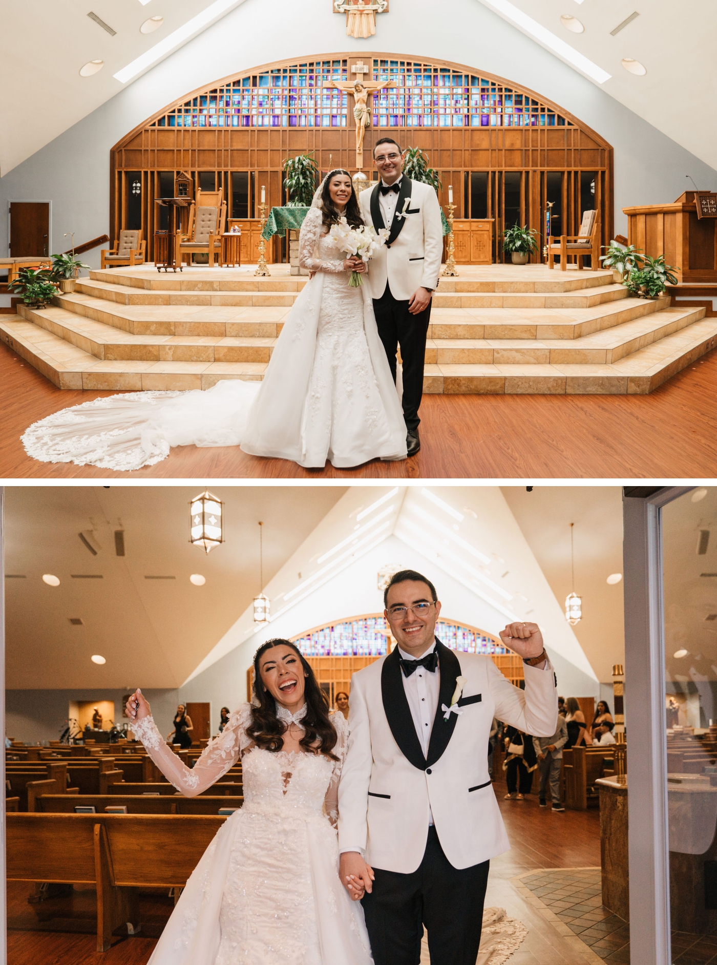 A bride and groom smile as they walk out of their wedding ceremony