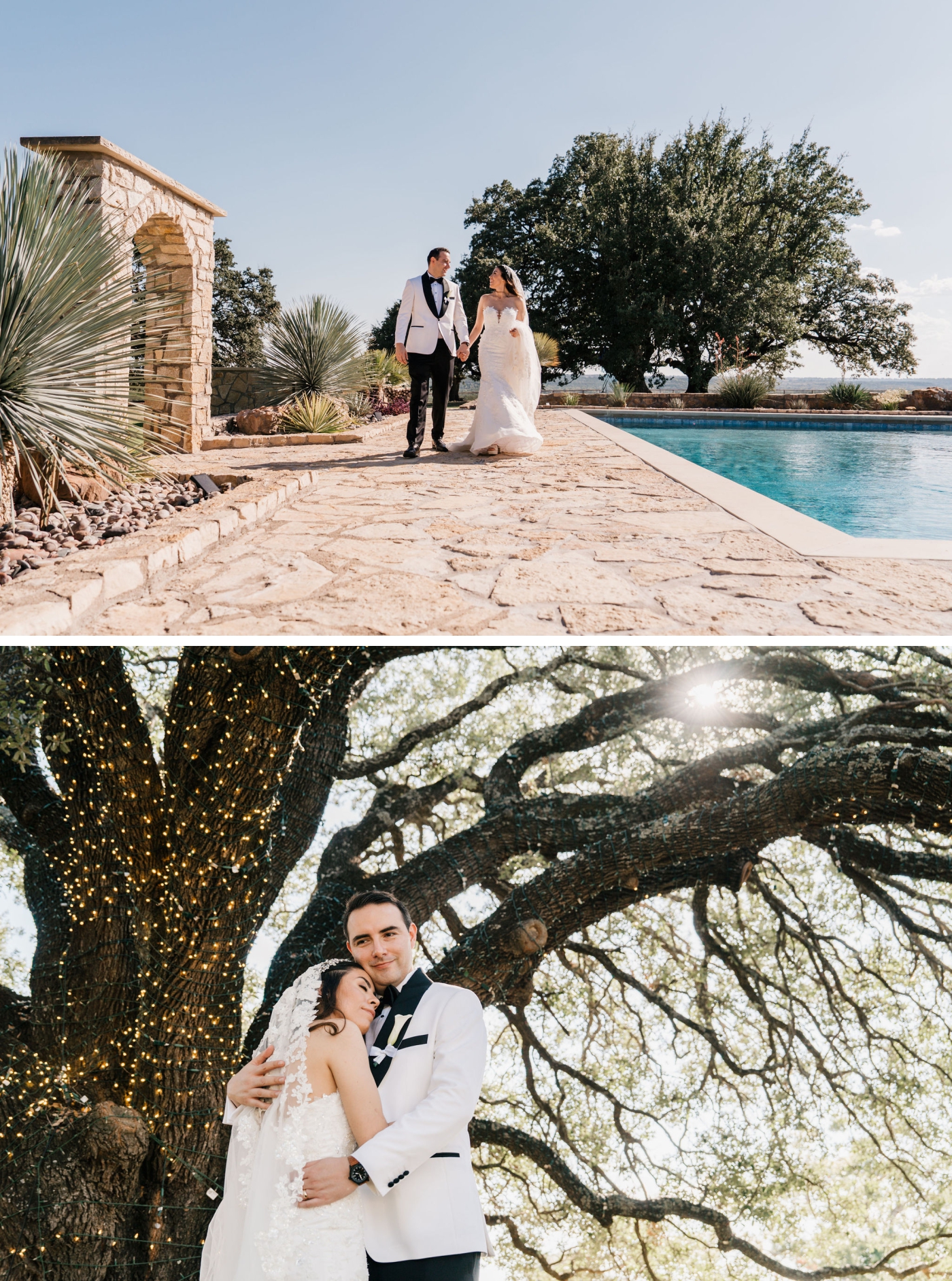 A bride and groom walk along a stone patio by an inground pool
