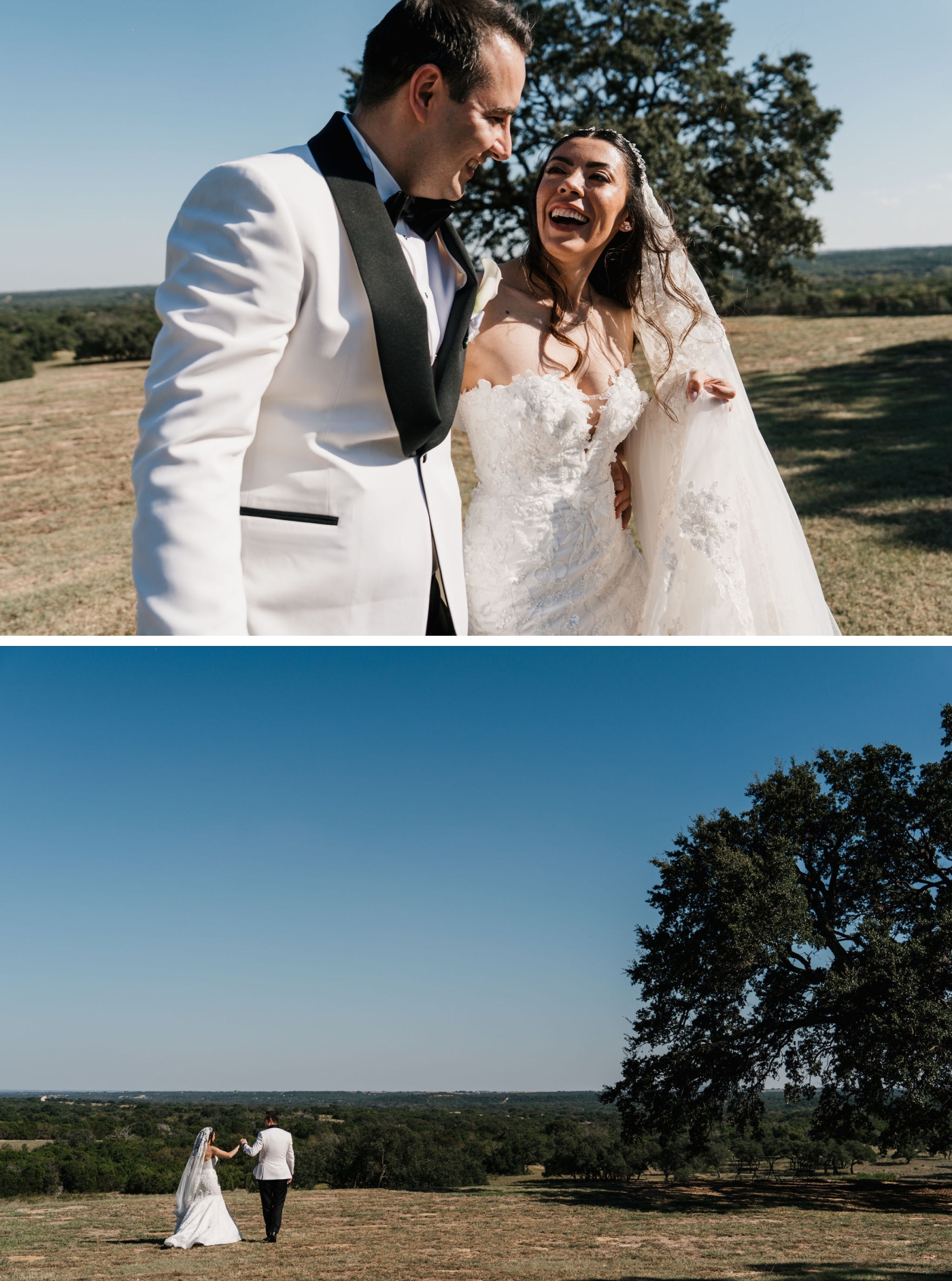 A bride and groom laugh as they walk through a green field at a destination wedding venue in Texas