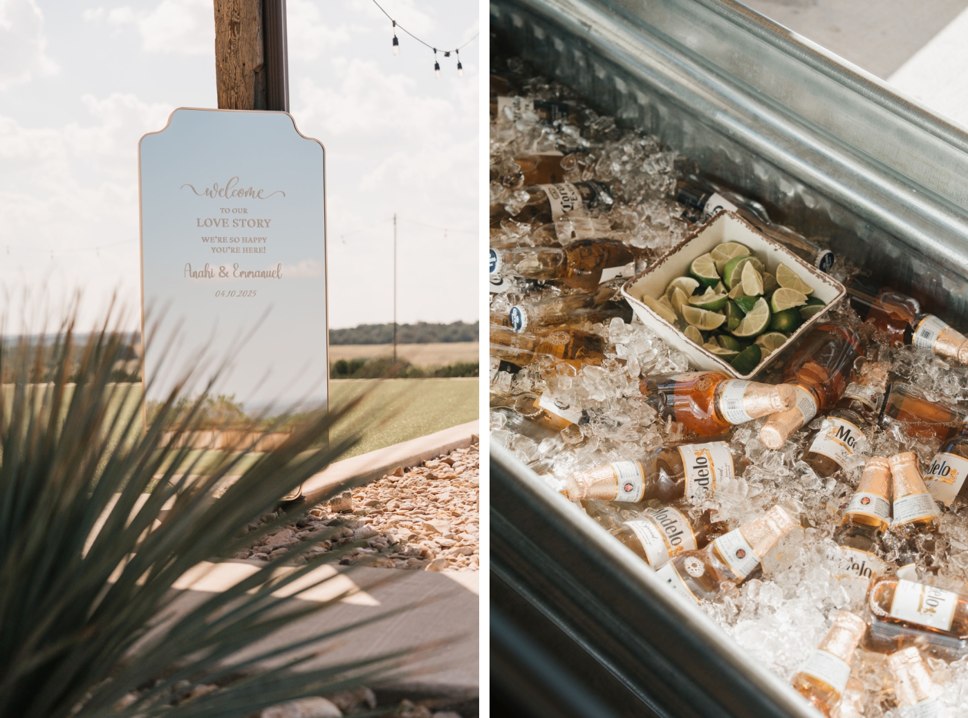 Beer and limes sit in a cooler during a destination wedding in Texas
