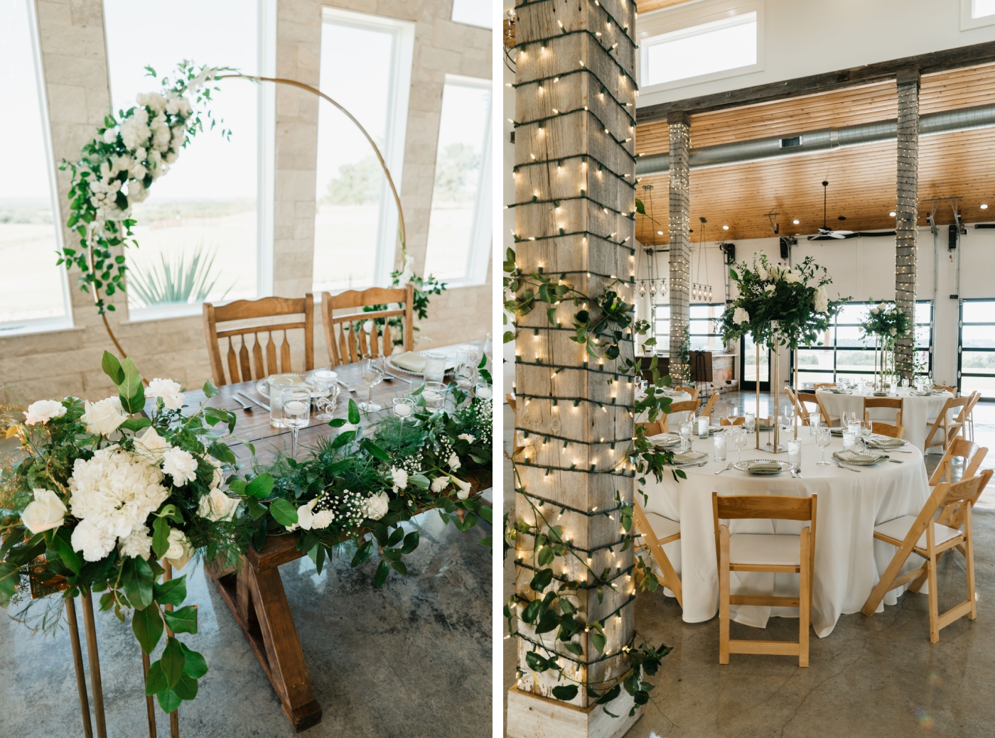 A destination wedding venue decorated with white tablecloths, elevated white and green floral centerpieces, and string lights lining the columns