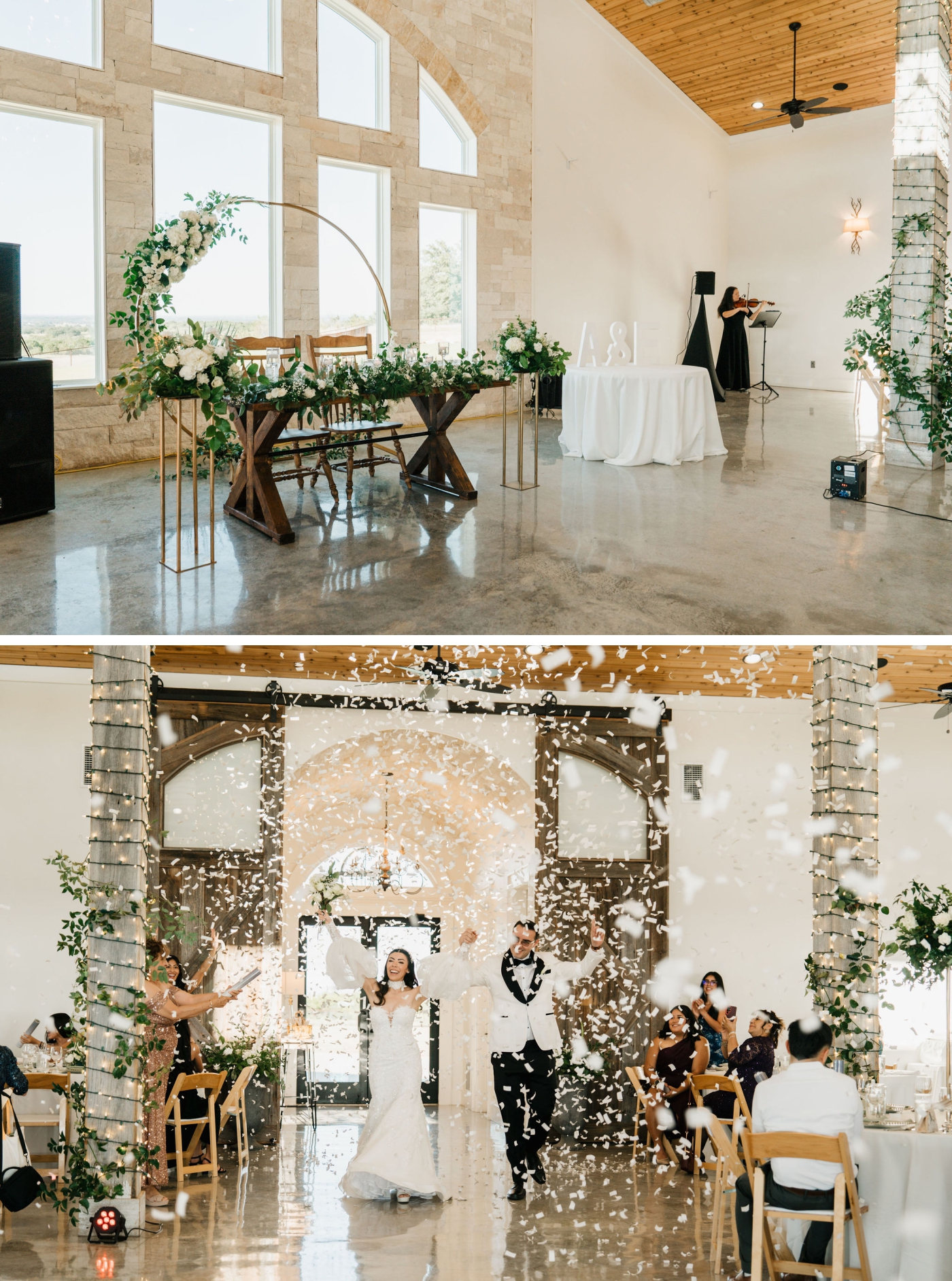 A bride and groom enter their wedding recetpion at a destination wedding venue while white confetti rains down