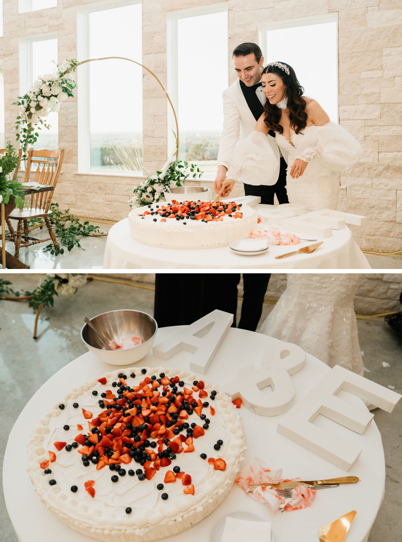 A bride and groom cut a large, single layer Mexican wedding cake covered with fruit