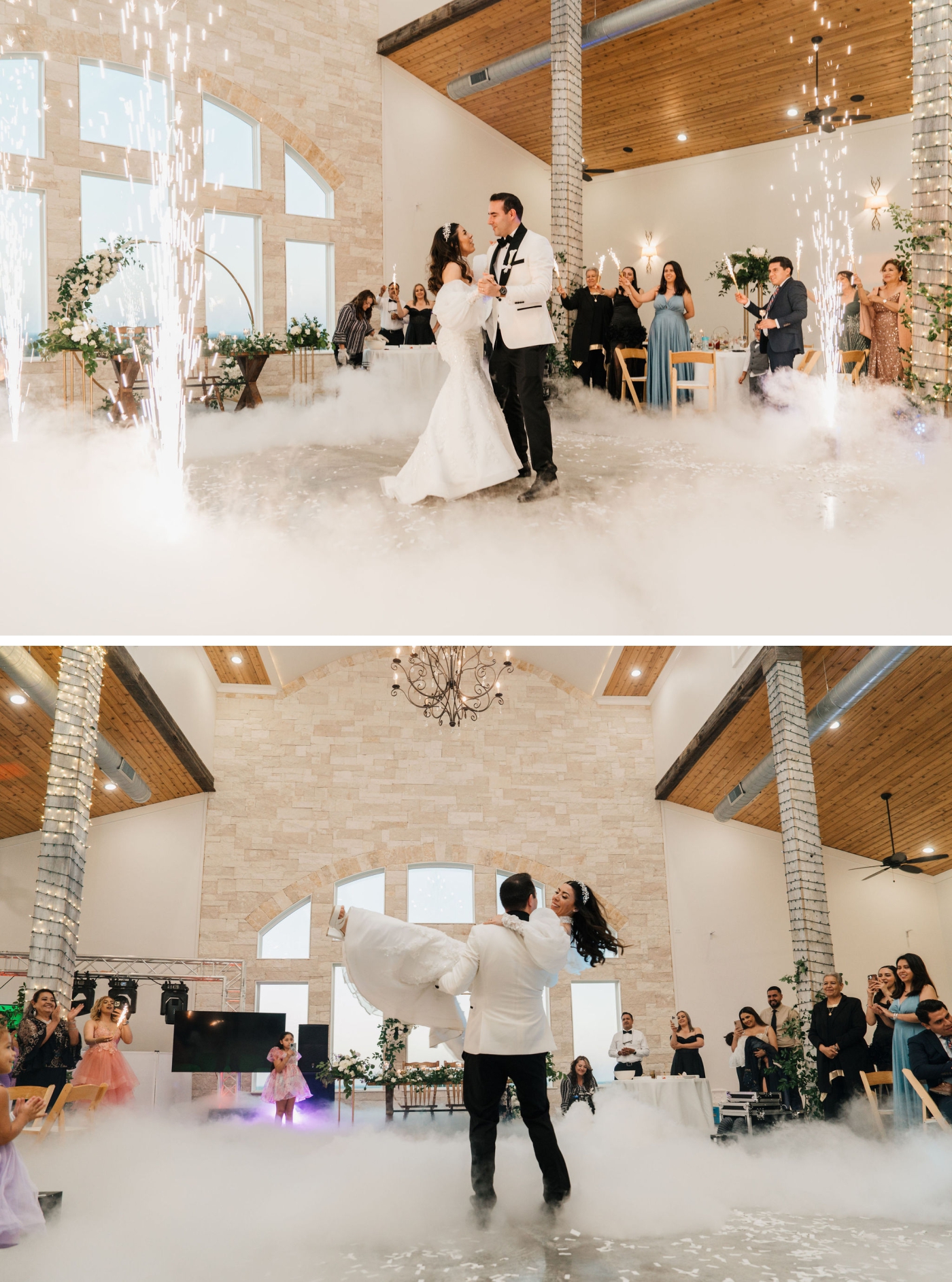A bride and groom share their first dance at a destination wedding venue in Texas while a fog machine creates a cloud on the dance floor
