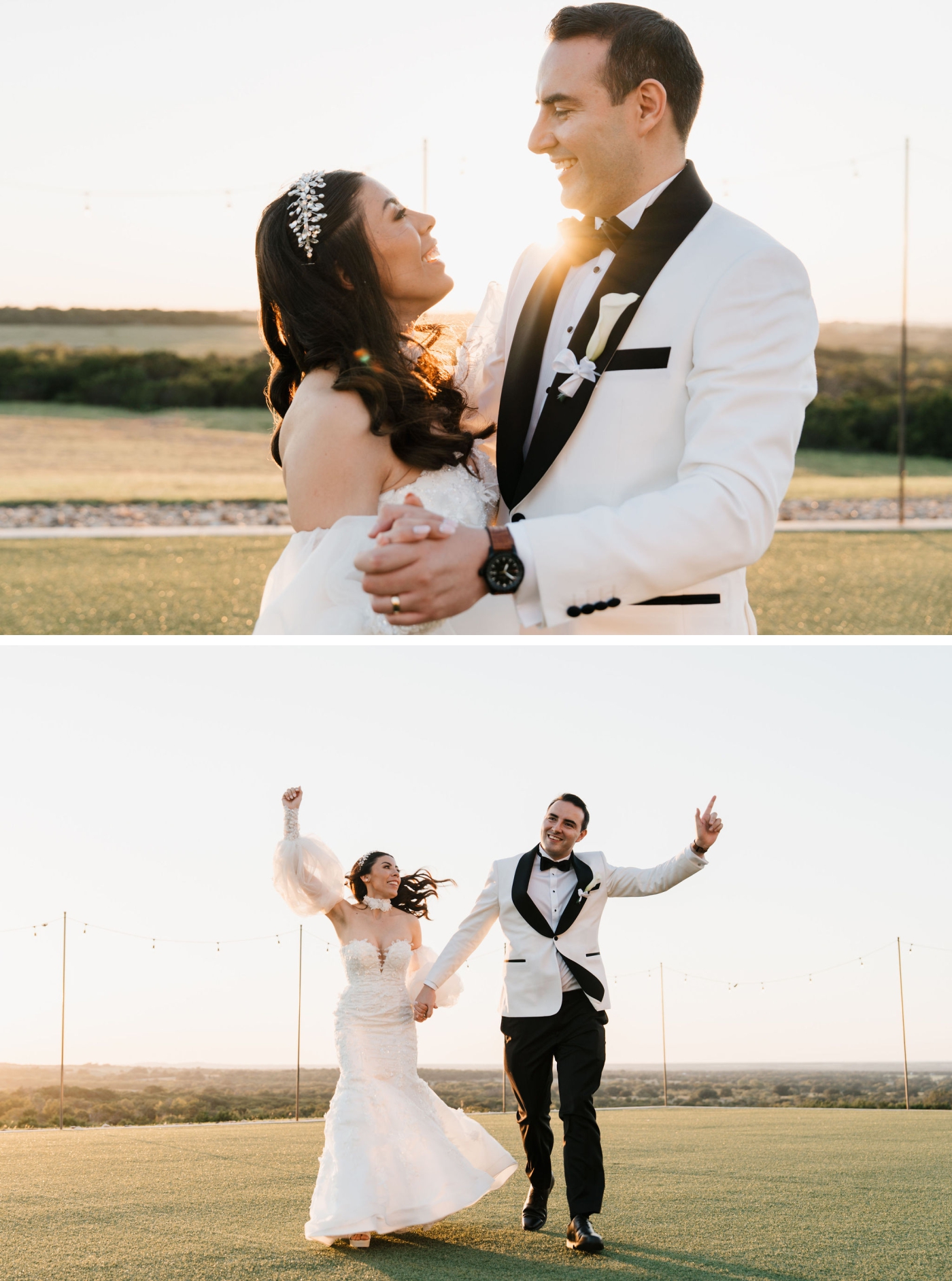 Couple's wedding portraits at sunset on a grass turf at a destination wedding venue