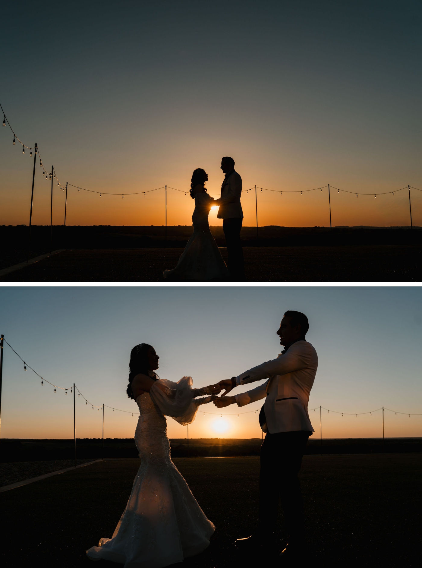 A bride and groom dance while the sun sets